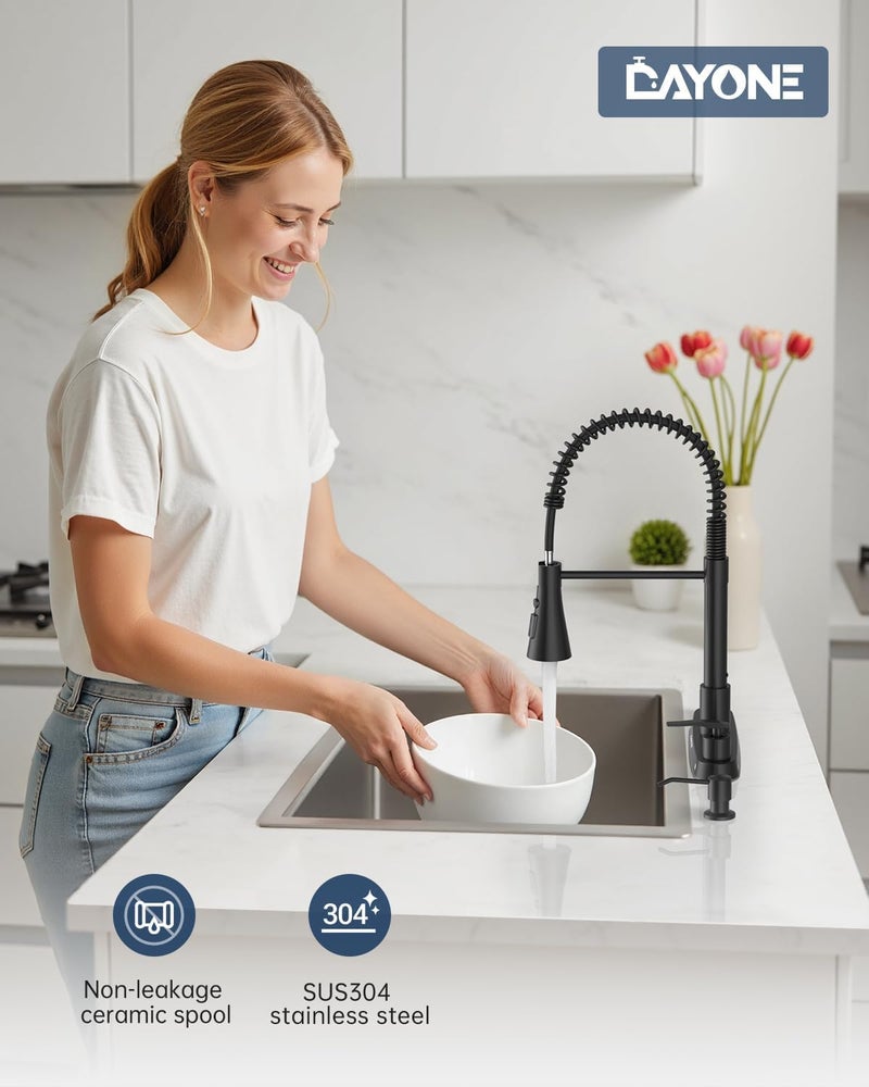 DAYONE Two Handles Kitchen Faucet with Pull Down Sprayer and Soap Dispenser, Spring Matte Black Pull Out Kitchen Sink Faucet for 3/4 Holes Sink, High Arc Stainless Steel Faucet for Kitchen Bar RV - Image 3